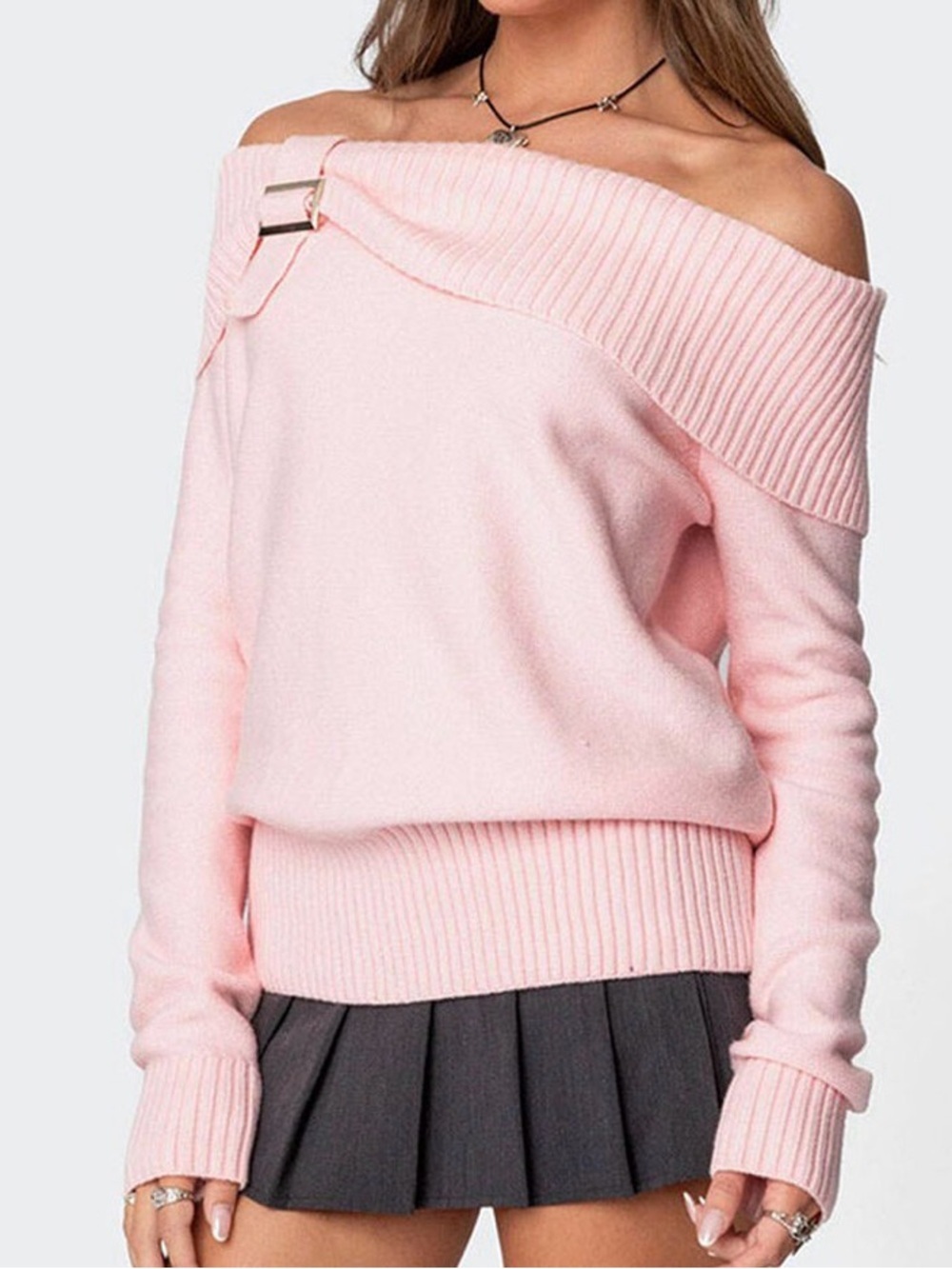 Edikted Pale Pink Off-Shoulder Sweater with Buckle XS